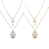 Virgin Mary Guadalupe Cross 2 Layer Necklace in Silver or Gold (19in/24+3in)