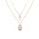 Virgin Mary Guadalupe Cross 2 Layer Necklace in Silver or Gold (19in/24+3in)