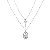 Virgin Mary Guadalupe Cross 2 Layer Necklace in Silver or Gold (19in/24+3in)