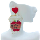 Teacher Fuel Apple Coffee Cup Seed Bead Earrings - School, Beaded (1.5x3in)