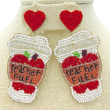 Teacher Fuel Apple Coffee Cup Seed Bead Earrings - School, Beaded (1.5x3in)