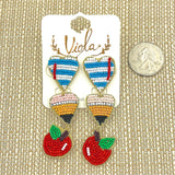 Teacher Themed Pencil & Apple Seed Bead Earrings - School, Beaded (0.75x2.5in)