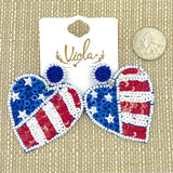 USA Themed Heart Shaped Seed Bead & Sequins Earrings (2.5x2.0in)
