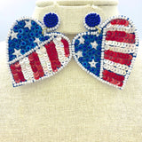 USA Themed Heart Shaped Seed Bead & Sequins Earrings (2.5x2.0in)