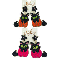 Black Cat & Pumpkin Seed Bead Earrings - 2 Colors, Beaded, Halloween (2x3.25in)