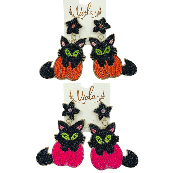 Black Cat & Pumpkin Seed Bead Earrings - 2 Colors, Beaded, Halloween (2x3.25in)