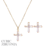 Cubic Zirconia Baguette Cross Earring & Necklace Set in Silver or Rose Gold