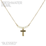 Gold Plated Freshwater Pearl Blessed Word Cross Necklace (16+3in)