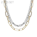 Mixed Metal Cuban & Link Chain 2 Layered Chunky Necklace (18/18+3in)