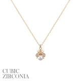 Cubic Zirconia Pearl Cute Bee Pendant Necklace Rhodium or Gold Plated (16+3in)