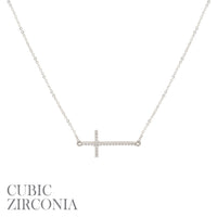 Cubic Zirconia Sideways Cross Necklace (1.14x0.52in)(16+3in)