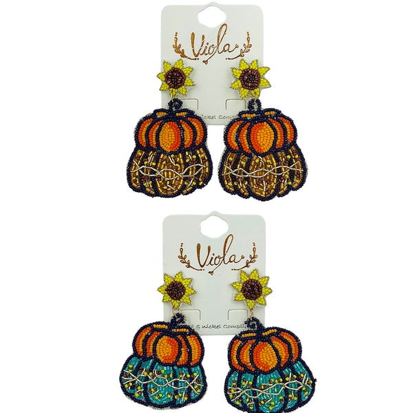 Pumpkin Sunflower Seed Bead Earrings - 2 Colors, Beaded (1.75x2.75in)