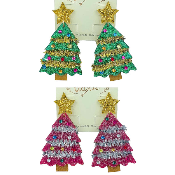 Pink or Green Acrylic Glitter Tinsel Garland Christmas Tree Earrings (1.5x2.5in)