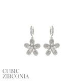 Cubic Zirconia Flower Pave Huggie Earrings - Rhodium Plated (0.78x1.25in)