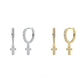 Cubic Zirconia Cross Huggie Earrings in Silver or Gold (0.21x0.89in)