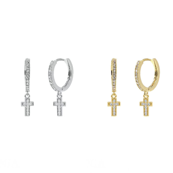 Cubic Zirconia Cross Huggie Earrings in Silver or Gold (0.21x0.89in)