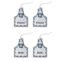Blessed or Faith Cow Tag Turquoise Bead Fishook Dangle Earrings (0.86x1.3in)