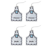 Blessed or Faith Cow Tag Turquoise Bead Fishook Dangle Earrings (0.86x1.3in)