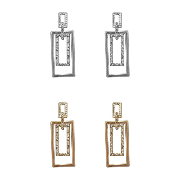 Double Rectangle Crystal Dangle Earrings in Silver or Gold (0.5x1.75in)