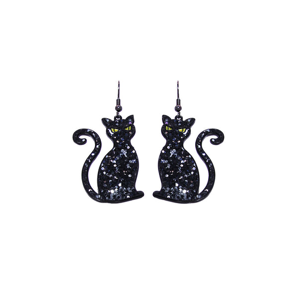 Black Cat Glitter Earrings - Halloween (1.25x2.25in)