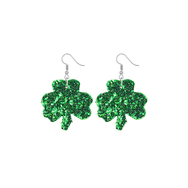 Green Glitter Clover Earrings (0.6x1.6in)