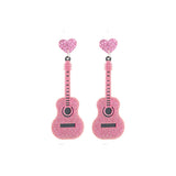 Pink Glitter Acrylic Heart Acoustic Guitar Earrings (1x3in)