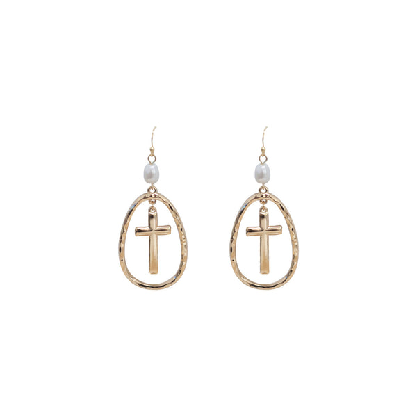 Pearl Cross Oval Shaped Earrings (1x2.4in)