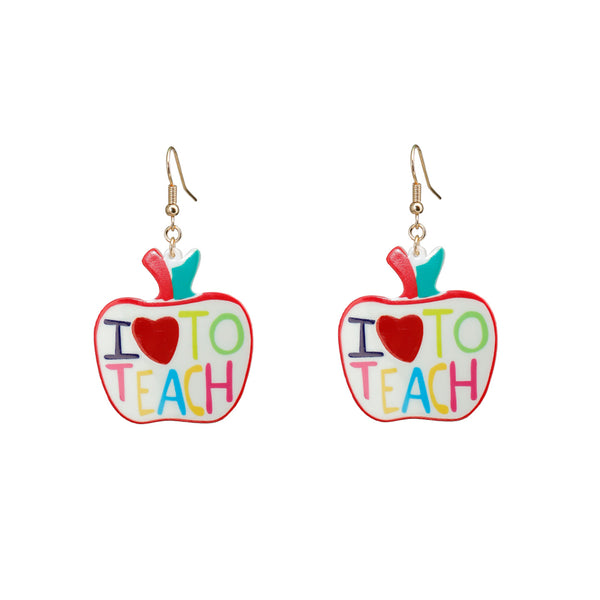 "I Love To Teach" Apple Teacher Themed Earrings (1.4x1.6in)