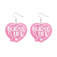 "Nurse Life" Pink Heart Earrings (1.77x1.6in)