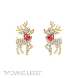 Moving Legs Reindeer Christmas Bow Earrings (0.6x1.0in)