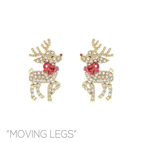 Moving Legs Reindeer Christmas Bow Earrings (0.6x1.0in)