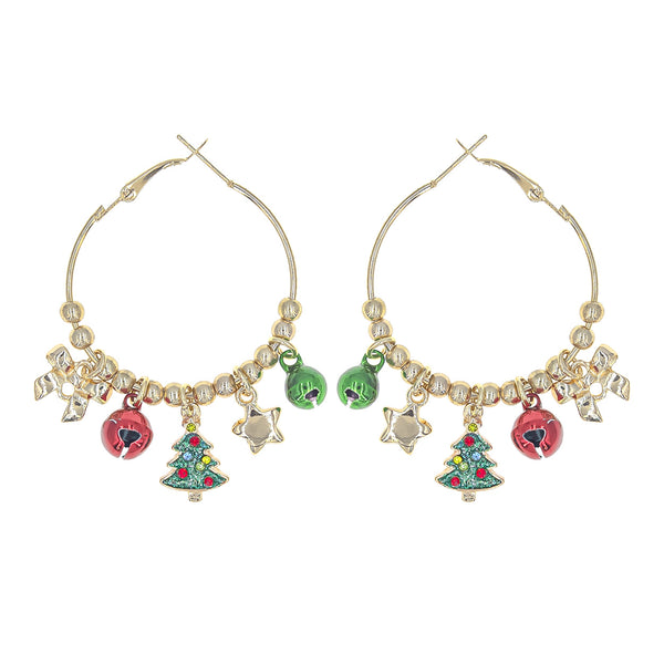 Christmas Themed Multi Charm Hoop Earrings (1.4x1.9in)