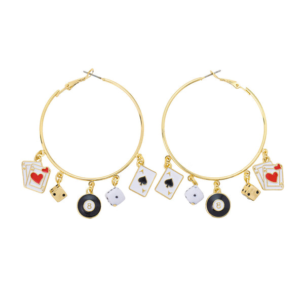 Casino Gambling Themed 8 Ball Dice Ace Hoop Earrings (2x2.6in)