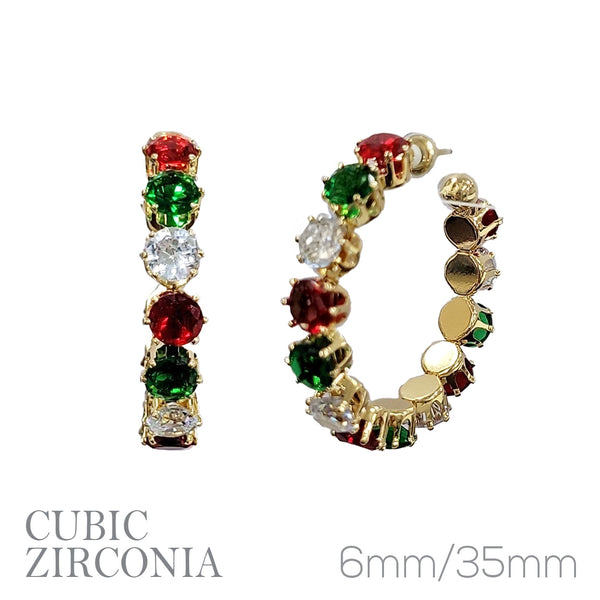 Christmas Themed Cubic Zirconia 6mm Round Hoop Earrings (1.38x1.38in)