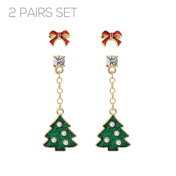 Christmas Tree & Red Bow Earrings 2 Pair Set (0.35x0.25in/0.63x1.5in)