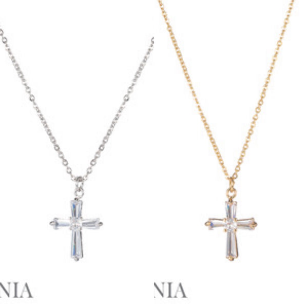 Cubic Zirconia Baguette Cross Shape Pendant Necklace - 2 Colors (16+2in)