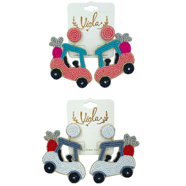 Golf Cart Seed Bead Earrings - Available 2 Colors, Sports, Beaded (2x2.75in)