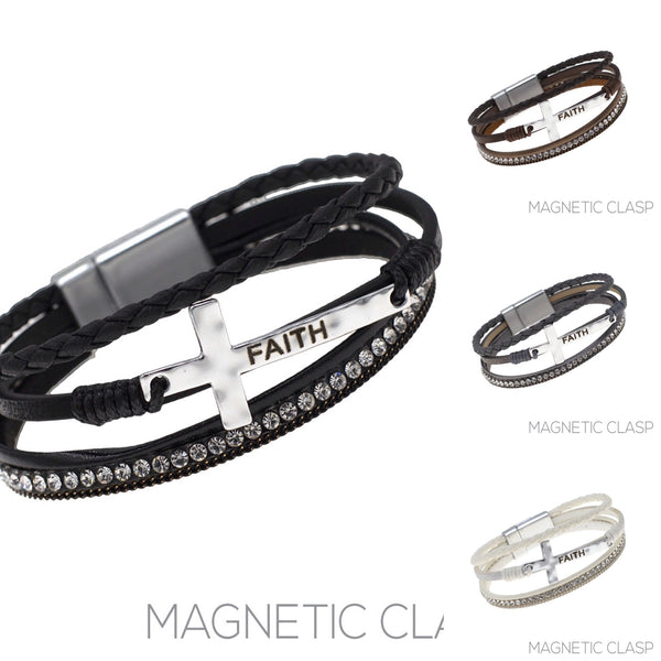 Faith Leather Magnetic Clasp Bracelet - 4 Colors (7.75in)