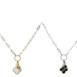 Paperclip Mother of Pearl Clover Pendant Necklace in Silver or Gold (16 + 2.5in)