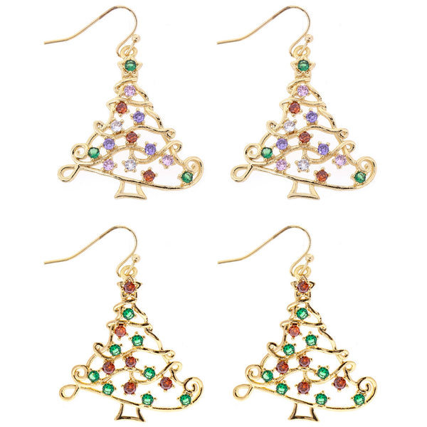 Gold Plated Cubic Zirconia Christmas Tree Earrings - 2 Colors (1.33Wx1.57Lin)