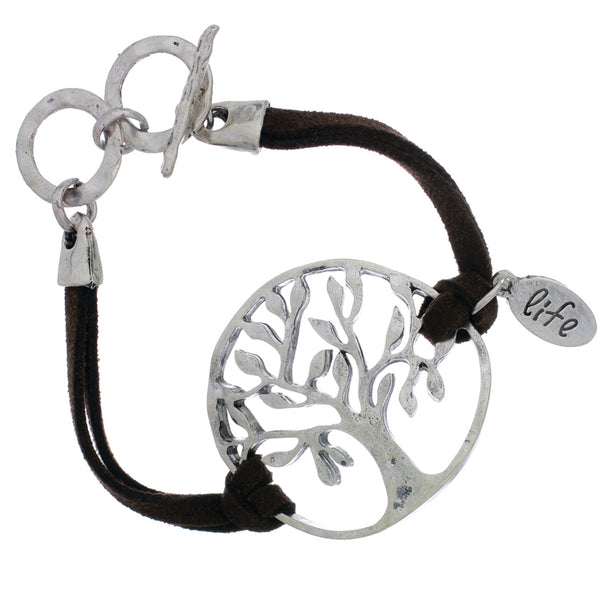 Antique Silver Plated Tree of Life Hammered Toggle Clasp Bracelet
