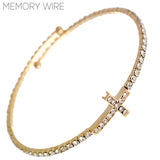 Rhinestone Cross Memory Wire Bracelet in Silver or Gold (2.08in)