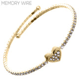 Rhinestone Heart Memory Wire Bracelet in Silver or Gold (2.08in)