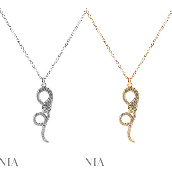 Cubic Zirconia Spiral Snake Necklace Rhodium or Gold Plated (18+2in)(0.4x1.25in)