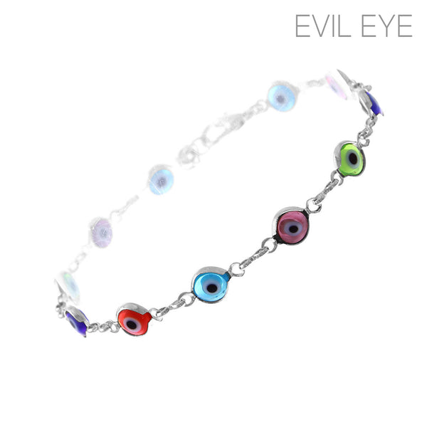 Colorful Evil Eye Chain Bracelet Crystal Avenue in Silver or Gold, 7+1.5in
