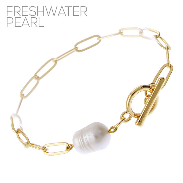Freshwater Pearl Paperclip Chain Toggle Bracelet (7.5in)