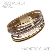 Cross Freshwater Pearl Leather Magnetic Clasp Bracelet - 2 Colors (7.75 in)