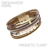 Cross Freshwater Pearl Leather Magnetic Clasp Bracelet - 2 Colors (7.75 in)