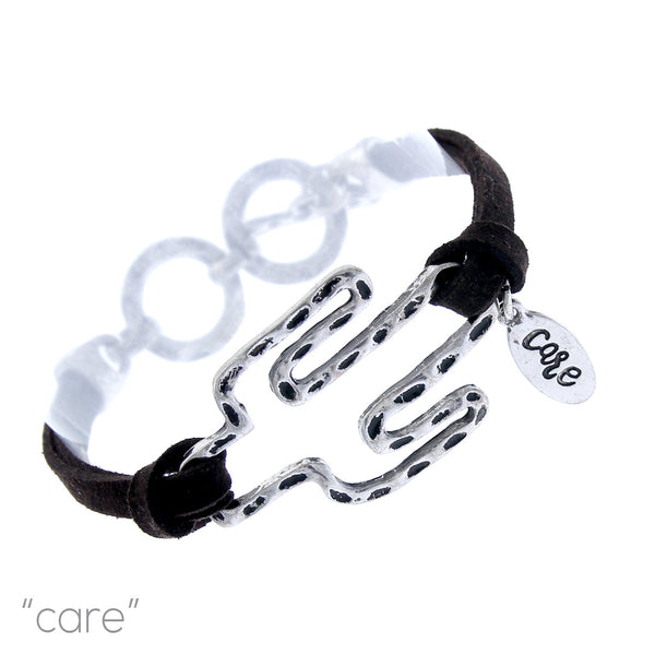 Antique Silver Cactus Hammered Brown Suede Bracelet (8in)