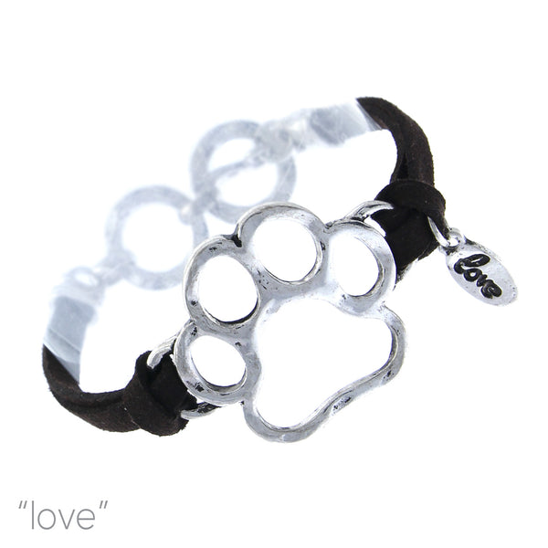 Antique Silver Plated Paw Print Hammered Suede Bracelet (1.5x1.25in)